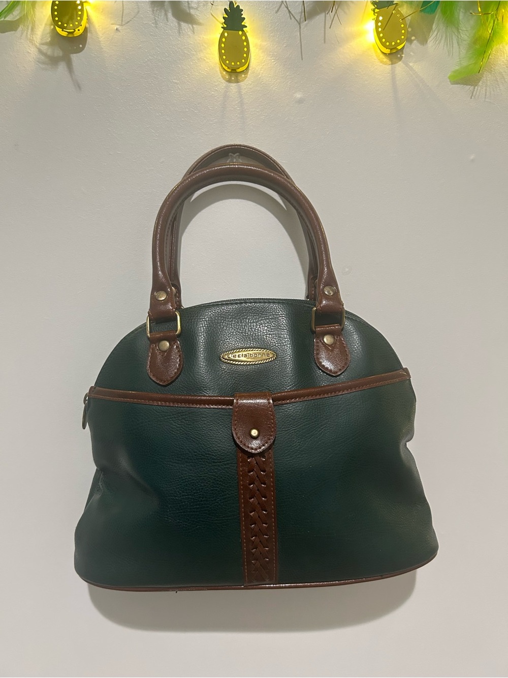 Green & Brown Faux Leather Satchel Handbag - Classic Structured Tote